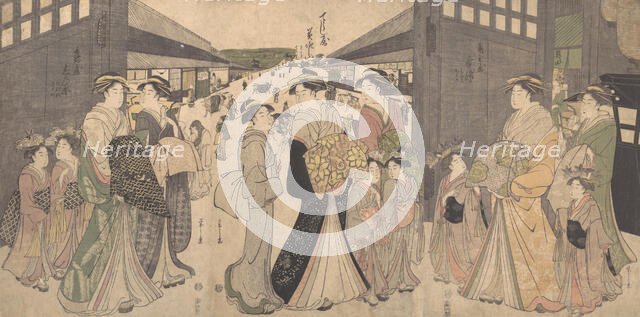 Oiran and Attendants at the O Mon or Great Gate of the Yoshiwara, ca. 1794. Creator: Hosoda Eishi.