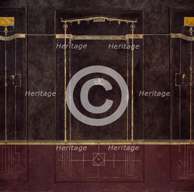 Wall painting on black ground: Aedicula with small landscape, from the imperial..., 1st century B.C. Creator: Unknown.