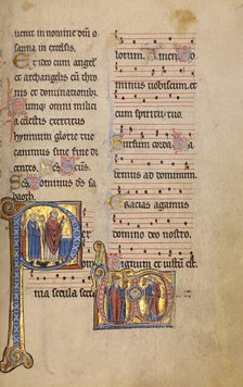 Initial P: A Priest and Two Deacons before an Altar: Monogram VD..., between 1234 and 1262. Creator: Unknown.