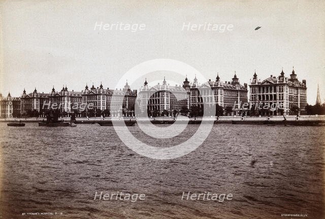 St Thomas's Hospital, Lambeth: exterior seen from across the Thames. Creator: Unknown.