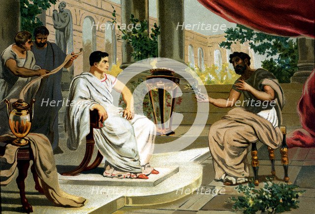 Pliny 'the Old'. (23-79), Latin erudite and writer, in audience with the emperor Vespasian (9-79)…