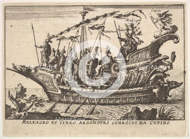 Plate 13: Argonauts Meleager and Tydeus led by Cupid (Meleagro et Tideo Argonotes condotti..., 1664. Creator: Unknown.