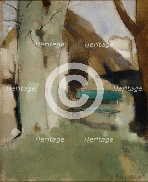 Shadow on the Wall II (Green Bench) , 1928. Creator: Schjerfbeck, Helene (1862-1946).