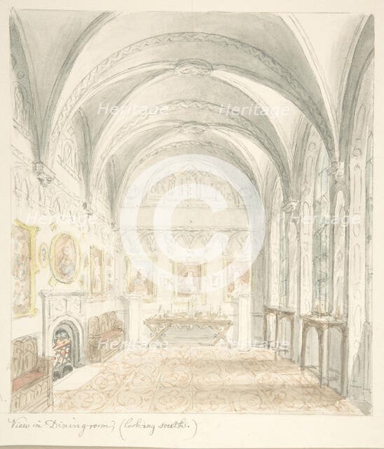 Lea Castle, Worcestershire, Dining Room Looking South, ca. 1816. Creator: Attributed to John Carter.