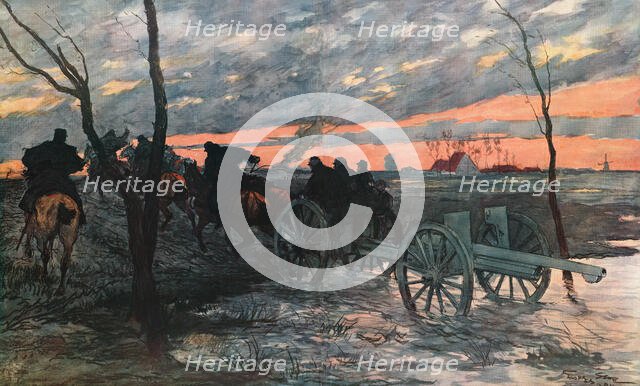 ''Coucher de Soleil dans la Plaine de L'Yser: Piece de 75 Allant Prendre Position', 1914. Creator: Georges Bertin Scott.