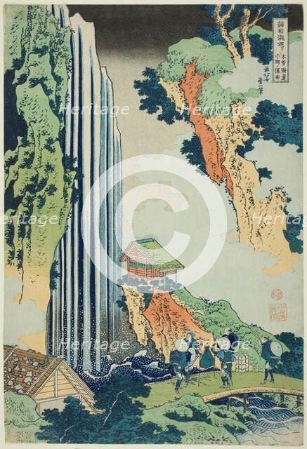 Ono Falls on the Kisokaido (Kisokaido Ono no bakufu), from the series "A Tour of Water..., c. 1833. Creator: Hokusai.