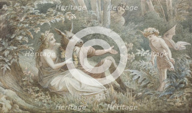 The fairy queen Titania crowns the donkey-headed Nick Bottom sitting next to her, c1883. Creator: Leopold Bode.