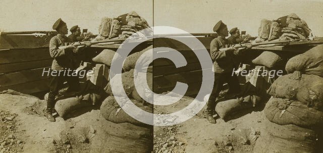 Inside a Russian fort during the siege - shell marks around a dummy gun - Port Arthur, c1905. Creator: Underwood & Underwood.