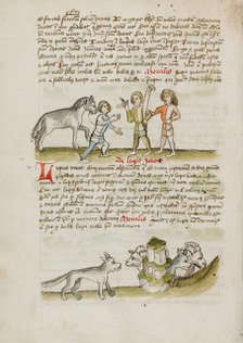 A Man Leading a Horse to Two Other Men: A Wolf before a Flock of..., third quarter of 15th cent. Creator: Unknown.