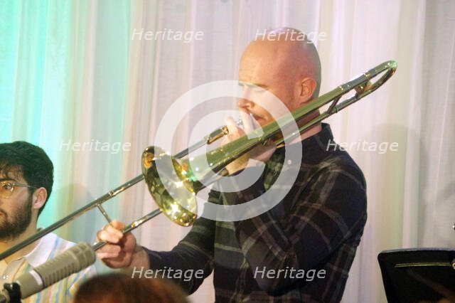 Ollie Martin, Stan Sulzmann’s Neon Orchestra, Watermill Jazz Club, Dorking, Surrey, Nov 2023. Creator: Brian O'Connor.