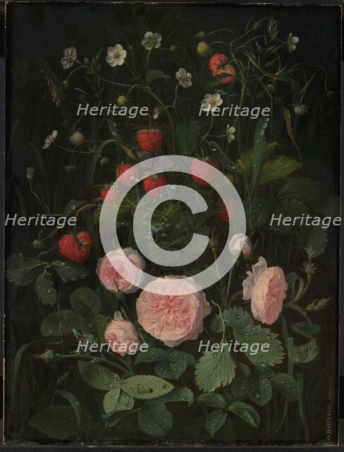 Still Life with Roses and Strawberries, 1843. Creator: Otto Didrik Ottesen.
