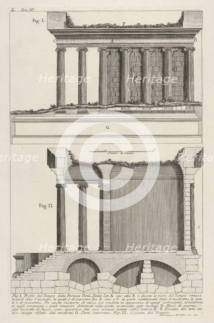 Profile of the Temple of Fortuna Virilis (Profilo del Tempio della Fortuna Virile), and se..., 1756. Creator: Giovanni Battista Piranesi.