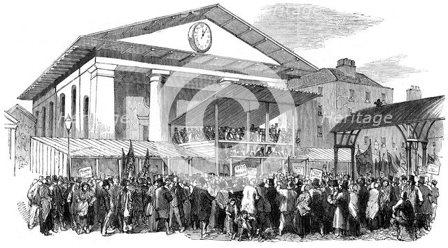 Election hustings in Covent Garden during the Westminster election, London, 1852. Artist: Unknown