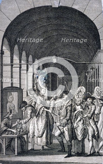 Bawds and pickpockets around a trader at Covent Garden piazza, Westminster, London, c1780. Artist: Anon