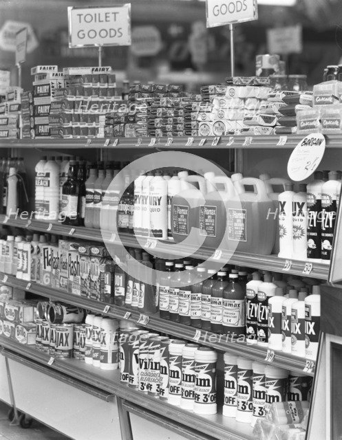 Cleaning products on supermarket shelves, 1966. Artist: Michael Walters