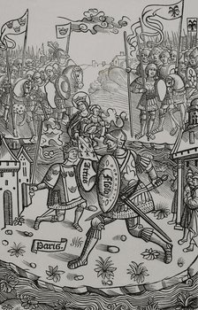 King Arthur fighting the giant, under the protection of the Virgin. 1514, (1877). Creator: Unknown.