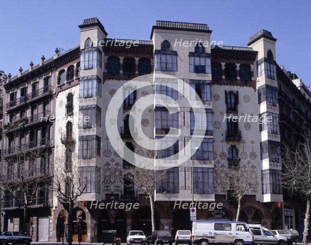 Façade of Manuel Llopis i Bofill House in Bailen - Valencia streets in Barcelona, designed by Ant…
