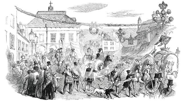 The Procession near the Corn Exchange, Warwick May Fair Show, 1850. Creator: Unknown.