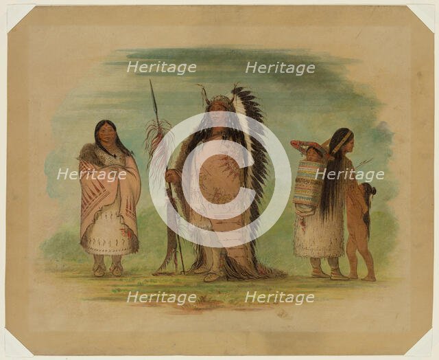 Chief Black Rock with His Wife and Daughter, 1865. Creator: George Catlin.