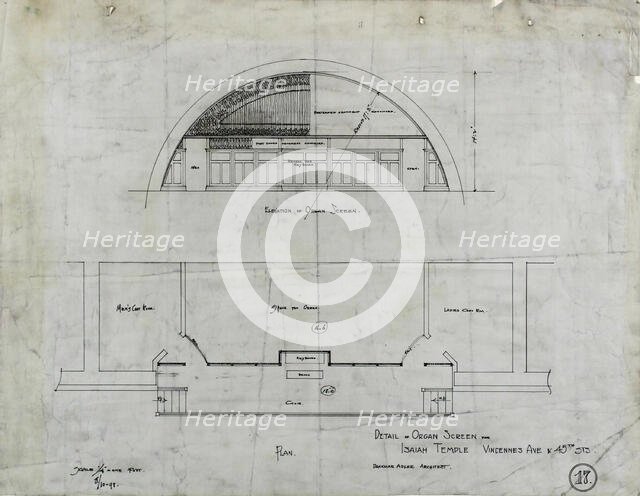 Isaiah Temple, Chicago, Illinois, Organ Screen Plan and Elevation, 08/10/1898. Creator: Dankmar Adler.