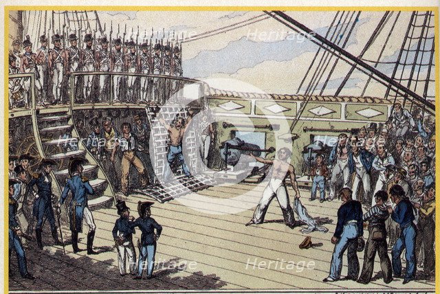 Mutiny on board in a war ship, by sailors, for the punishment by lash to a companion, engraving, …