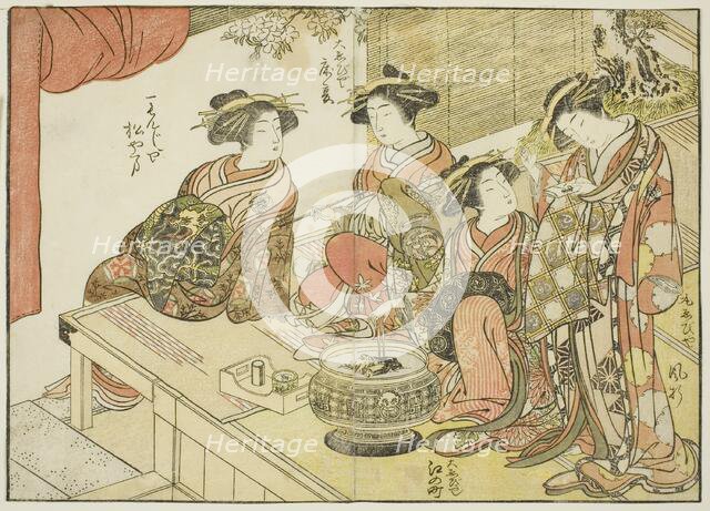 Four courtesans of various houses, from the book "Mirror of Beautiful Women of the Pleasure..., 1776 Creator: Shunsho.