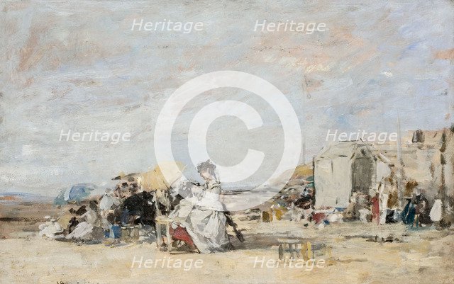 Lady in white on the beach at Trouville. Artist: Boudin, Eugène-Louis (1824-1898)