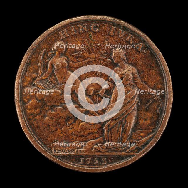 Personifications of Truth and Justice [reverse], 1753. Creator: Jacques-Antoine Dassier.