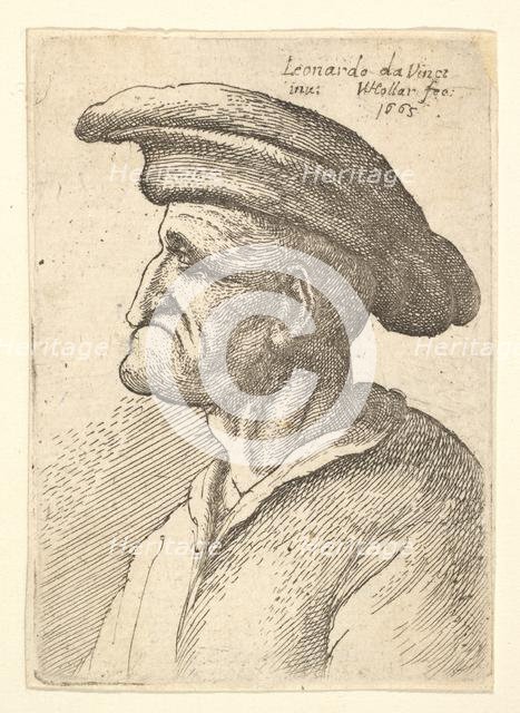 Bust of elderly man with nose that meets his lower lip, wearing wide flat cap in profile t..., 1665. Creator: Wenceslaus Hollar.