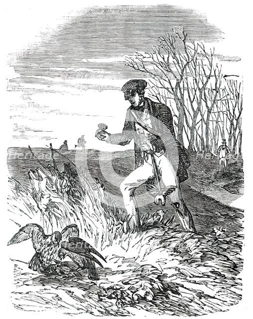 Falconer about to Disengage Falcons from Quarry, 1850. Creator: Unknown.