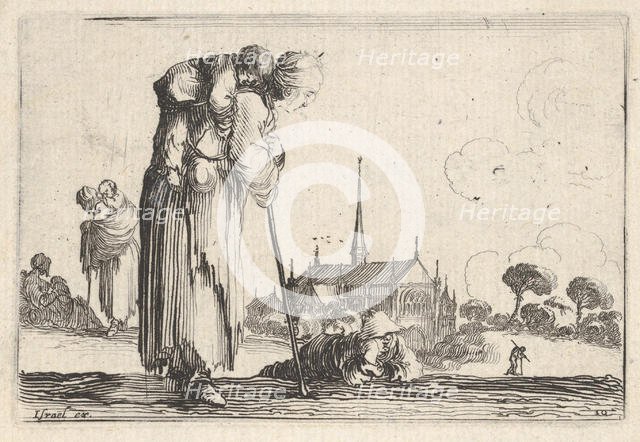 Plate 10: a peasant woman turned towards the right with a child on her back, a boy lyi..., ca. 1642. Creator: Stefano della Bella.