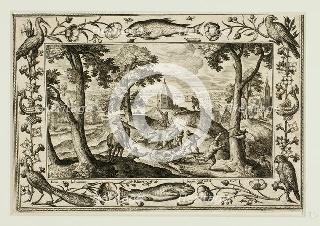 Wolf Hunt, from Landscapes with Old and New Testament Scenes and Hunting Scenes, 1584. Creator: Adriaen Collaert.