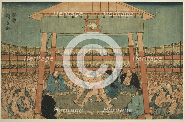 Sumo Match in the Precints of the Ekoin Temple (Ekoin keidai sumo no zu), from the..., c. 1847/52. Creator: Ando Hiroshige.