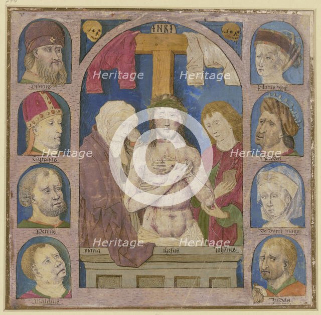 Christ as the Man of Sorrows between Mary and John, to the right and left four heads each... Creator: Unknown.