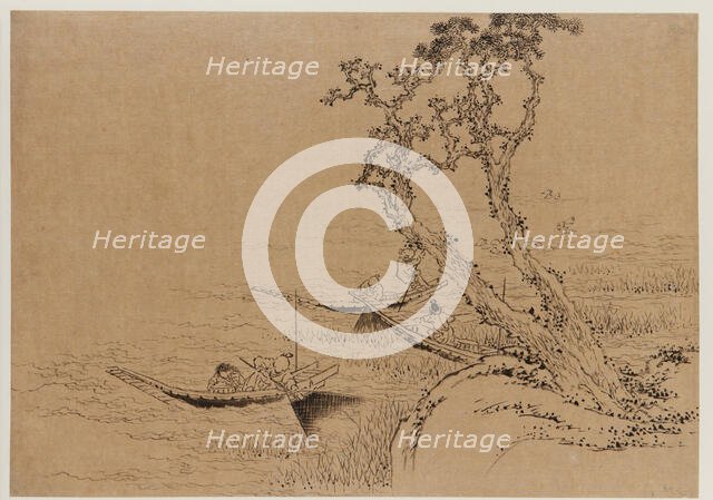 Landscape: figures fishing from boats, late 18th-early 19th century. Creator: Hokusai.
