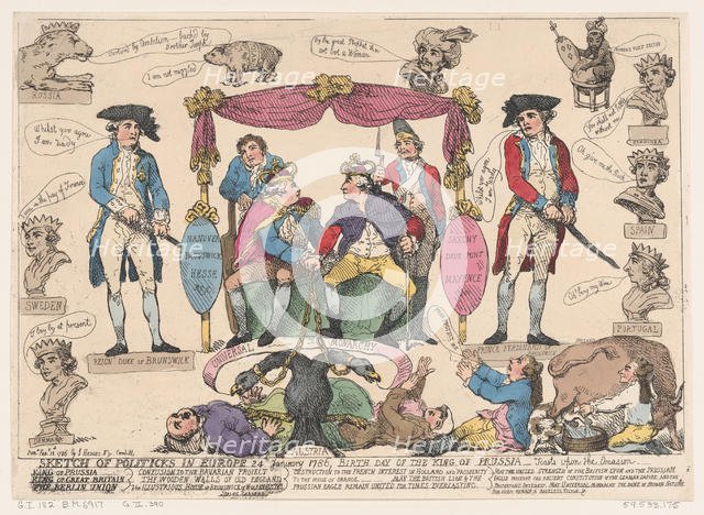 Sketch of Politiks in Europe, Birthday of the King of Prussia, February 10, 1786., February 10, 1786 Creator: Thomas Rowlandson.