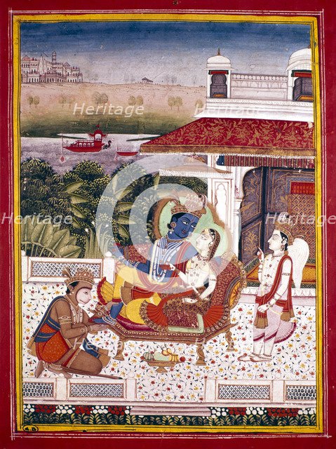 Indian miniature showing Krishna and a princess on a couch, 18th century. Artist: Unknown