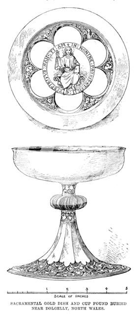 Sacramental gold dish and cup found buried near Dolgelly, North Wales, 1890. Creator: Unknown.