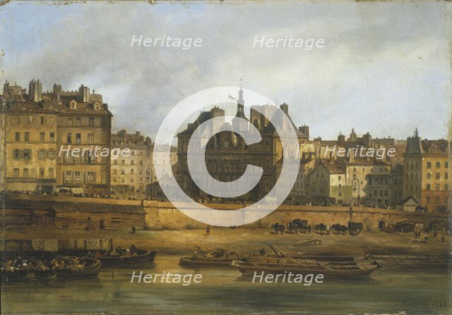 Hotel de Ville and Place de Greve, seen from the Ile de la Cite, 1828. Creator: Giuseppe Canella.