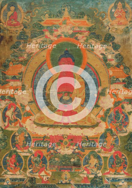 A thangka of Amitabha in the Pureland of Sukhavati, 18th century. Creator: Tibetan culture.
