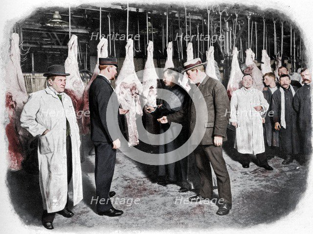 Inspecting meat at Smithfield Market, City of London, c1903 (1903). Artist: Unknown.