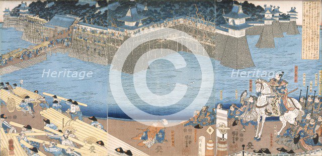 Triptych showing a fort being built by River Kunigos,  Edo period (1603-1868). Creator: Japanese School (Edo Period).