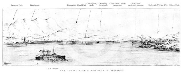 The War in Eastern Asia: H.M.S. "Edgar" watching operations on Wei-Hai-Wei, 1895. Creator: Unknown.