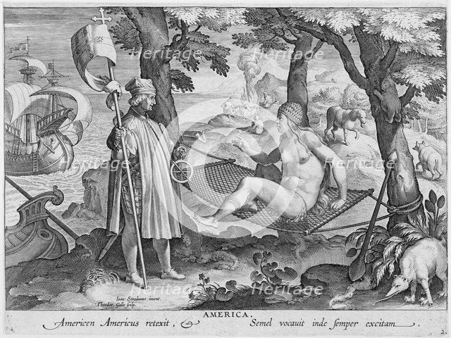 Columbus 'discovering America', 1492, (c1600). Artist: Theodoor Galle