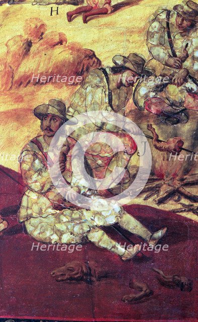 Conquest of Mexico, 'The conquerors eating dog meat hunger', corking detail of a Painting of 1698.