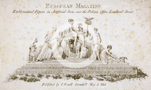 Emblematical figures over the Pelican Life Office, no 70 Lombard Street, City of London, 1801. Artist: Anon