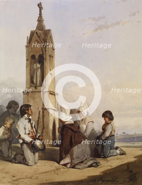Peasants Kneeling Before Shrine, c1840. Creator: Charles Ramelet.