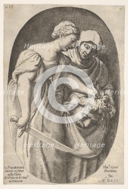 Judith with the head of Holofernes in her left hand and a sword in her right hand, accompa..., 1606. Creator: Oliviero Gatti.