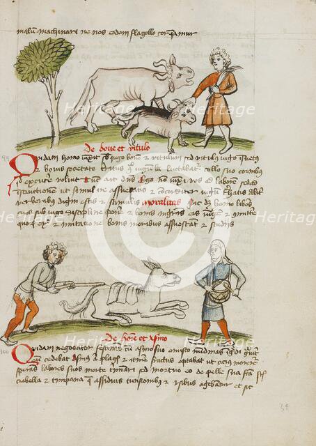 A Farmer with an Ox and Calf: A Man Hitting a Donkey: A Man..., third quarter of 15th century. Creator: Unknown.