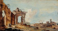 Caprice, with ruined arch and fishermen's houses. Creator: Francesco Guardi.